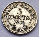 390. Moneda Newfoundland 5 cents 1942 (tiraj 298.348 buc)(Argint 0.925)