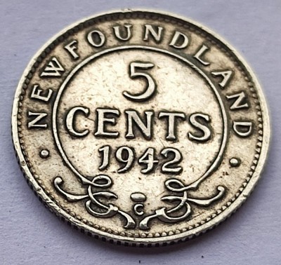 390. Moneda Newfoundland 5 cents 1942 (tiraj 298.348 buc)(Argint 0.925) foto