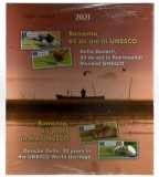 Mapă filatelică - Delta Dunării, 30 de ani &icirc;n Patrimoniul UNESCO - Rom&acirc;nia, 50 de ani &icirc;n Patrimoniul UNESCO (bilingv) 2021, &icirc;n folie