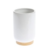Suport alb pentru periute de dinti, din ceramica cu baza din bambus 11 cm