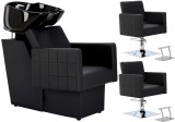 Set Tom negru, spălătorie frizerie, 2 fotolii hidraulice rotative, spălător mobil, bol ceramic, robinet, duză