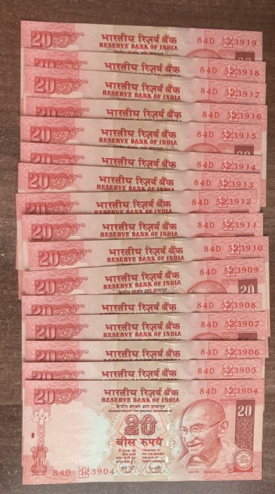 B11 27 - Bancnota foarte veche - India - 20 rupii - 2007 - saisprezece bancnote serii consecutive