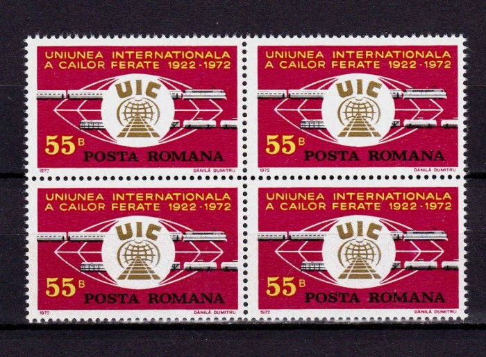 ✅ RO 1972 LP 793 &quot;Uniunea Internationala a Cailor Ferate - 50 ani &quot;, serie bloc de 4 , MNH