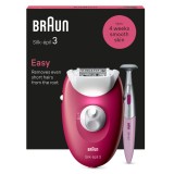 Epilator Braun Silk-&eacute;pil 3 3-202, MicroGrip, Smart Light, 20 de pensete, 2 viteze, Trimmer, Fucsia