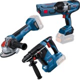 Bosch GBH 18V-24 C + GWX 18V-10 P X-LOCK + GDS 18V-1000 - Rotopercutor SDS-Plus 2.4 J + Polizor unghiular 125 mm + Masina de insurubat cu impact patra