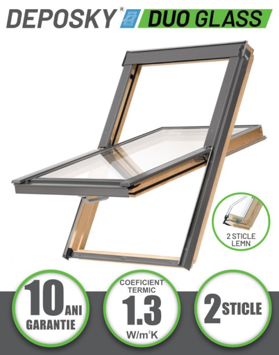 Fereastra mansarda DEPOSKY DUO GLASS 2 sticle, lemn, maner jos