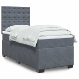 Gossi pat box spring cu saltea, gri inchis, 90x200 cm, catifea