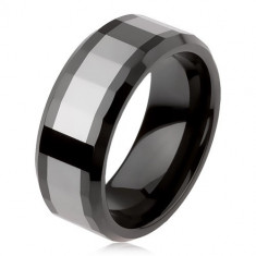 Inel din tungsten lucios, în două culori, suprafață șlefuită geometric - Marime inel: 64