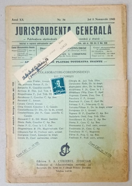 JURISPRUDENTA GENERALA , PUBLICATIUNE SAPTAMANALA DE JURISPRUDENTA ROMANA SI STRAINA , NR. 34 , 1942