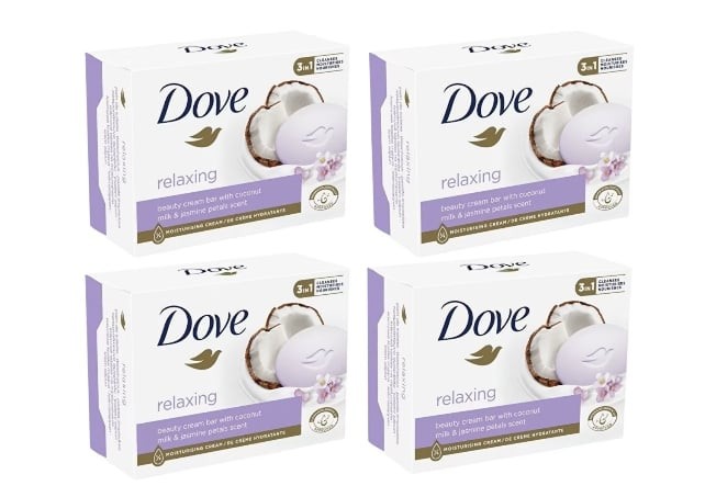Set Sapun Dove Relaxing, Coconut Milk &amp; Jasmine Petals Scent, 4 bucati x 90g