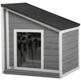 PawHut Hundeh&uuml;tte din lemn masiv, rezistent la intemperii, acoperiș din șindrilă, 71 cm x 58 cm x 77 cm, Gri + Alb | Aosom Romania