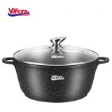 Semioala Aluminiu Turnat Vanora Home, 32cm, 11.6L, Capac Sticla Termorezistenta, Invelis Ceramic Marmorat
