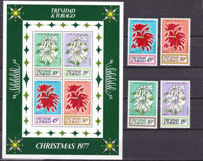 Trinidad Tobago 1977 flori Craciun MI 358-361 + bl.21 MNH