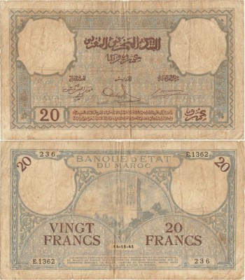 1941 (14 XI), 20 francs (P-18b.2) - Maroc! foto