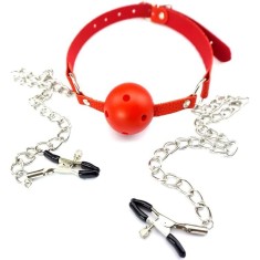Accesoriu fetish Gag and Nipple Clamps Red