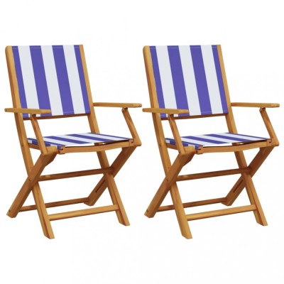Scaune gradina 2 buc., albastru/alb, lemn masiv acacia textil foto