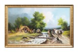 Cumpara ieftin Tablou peisaj car cu boi langa rau pictat manual inramat, 110x70cm ulei pe panza, Geo Ungureanu