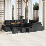 Set canapea de gradina Gossi cu 14 piese si perne negru poliratan acacia, canapea de gradina Gossi cu 2 locuri si perne negru poliratan, set de dining