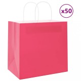 vidaXL Pungi H&acirc;rtie Roz cu M&acirc;nere, 26x17x25cm, Set 50 Buc. - Pungi Cadou, Cumparaturi, Petrecere, Kraft 100 g/mp, Rezistente 10kg