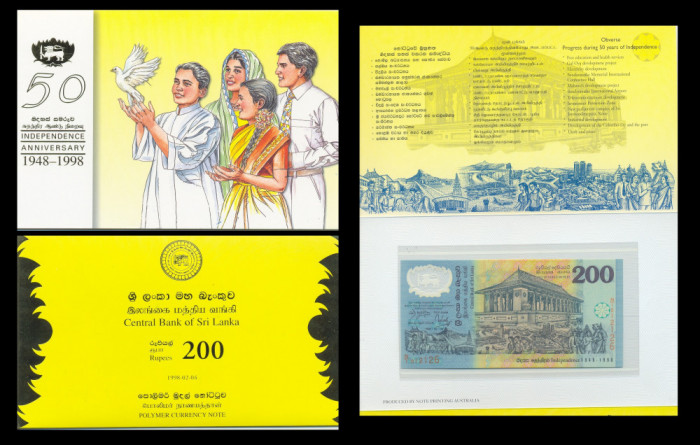 SRI LANKA █ bancnota █ 200 Rupees █ 1998 █ P-114a █ COMEMORATIV IN FOLDER █ UNC