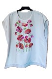 T12. Bluza de dama, matase alba Habotai, croita si realizata manual, pictata manual cu maci, marime usor adaptabila L/XL, Elegant, Maneca scurta