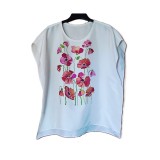 T12. Bluza de dama, matase alba Habotai, croita si realizata manual, pictata manual cu maci, marime usor adaptabila L/XL