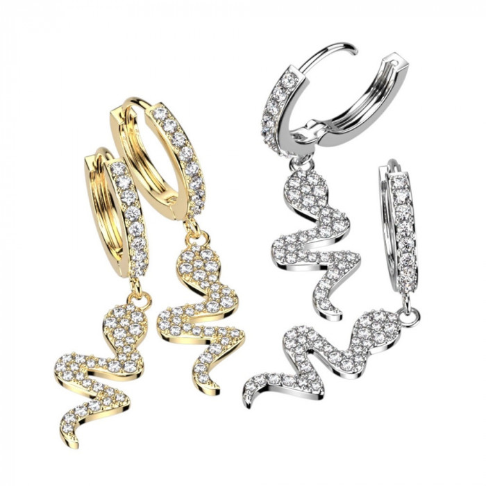 Cercei din oțel cu balamale - inele cu motiv șarpe, zirconii transparente - Culoare: Auriu &ndash; transparent
