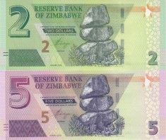 Bancnota Zimbabwe 2 si 5 Dolari 2019 - PNew UNC ( hibrid , fara &quot;BOND NOTE&quot; )