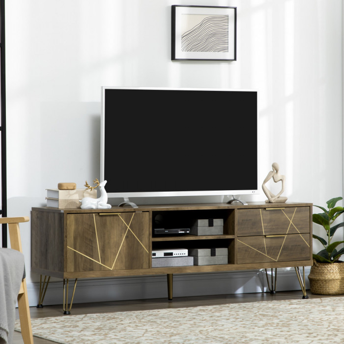 HOMCOM Dulap TV 55&quot;, Dulap de living cu dulap, sertare si rafturi din lemn si otel, 150x39x50,8 cm, lemn si auriu