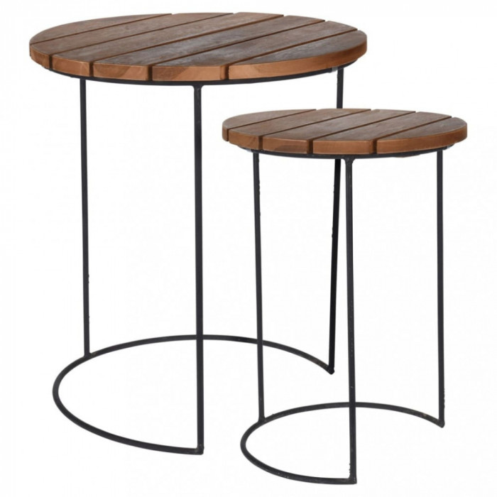 442180 H&amp;S Collection 2 Piece Side Table Set Teak Brown