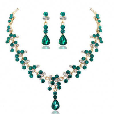 Set bijuterii pentru femei, GMO, Wedding Safir Cristal, colier si cercei, forma muguri, verde foto