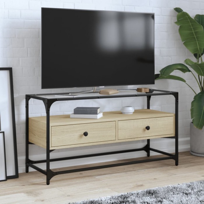 Gossi dulap tv blat sticla, stejar sonoma, 98x35x51 cm lemn prelucrat