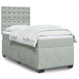 Gossi pat box spring cu saltea, gri deschis, 90x200 cm, catifea