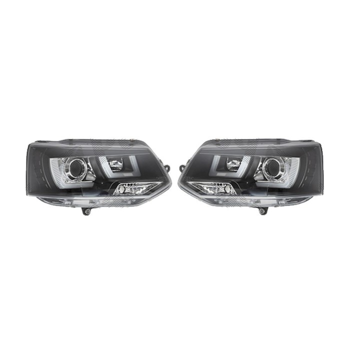 Set faruri tuning Vw Transporter/Multivan (T5), 10.2009-2015, Manual, tip bec H1+H1, omologare ECE, cu lumini de zi, negru transparent, Stanga, Dreap