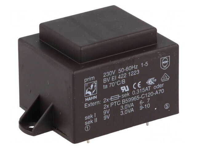 Transformator &Icirc;ncapsulat 6VA 230VAC 9V 334mA PCB