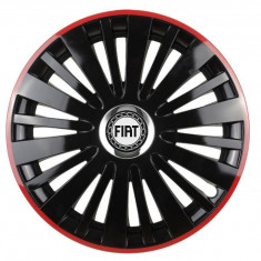 Set 4 capace roti Red/Black cu inel cromat pentru gama auto Fiat, R16
