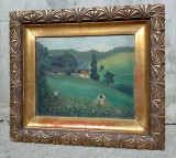 Ulei pe lemn o lucrare semnata foarte veche &icirc;ncadrată &icirc;ntr-o ramă lata din lemn, Peisaje, Realism