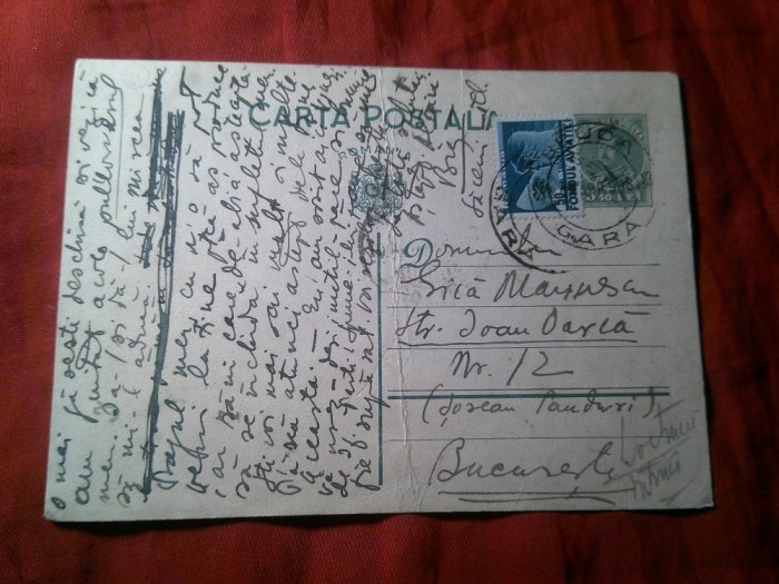 Carte Postala circulata Saceni - Beuca - Bucuresti 1938 , Timbru fix 3 lei Carol II si Timbrul Fondul Aviatiei