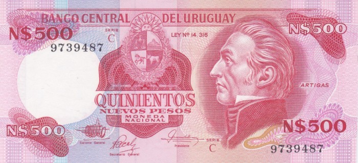 Bancnota Uruguay 500 Nuevo Pesos (1985) - P63b UNC ( serie C )