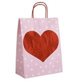 Sacosa cadou din hartie kraft roz cu inima rosie si glitter, 26x12x33cm, CMCLASS