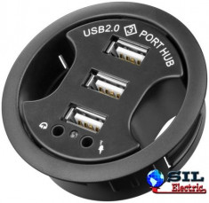 Hub USB 2.0 cu 3 porturi + audio, montabil in birou, negru Goobay foto