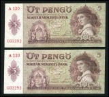 Ungaria 1939, 5 Pengo, Pereche Consecutive, Bancnote Necirculate UNC, Numismatica