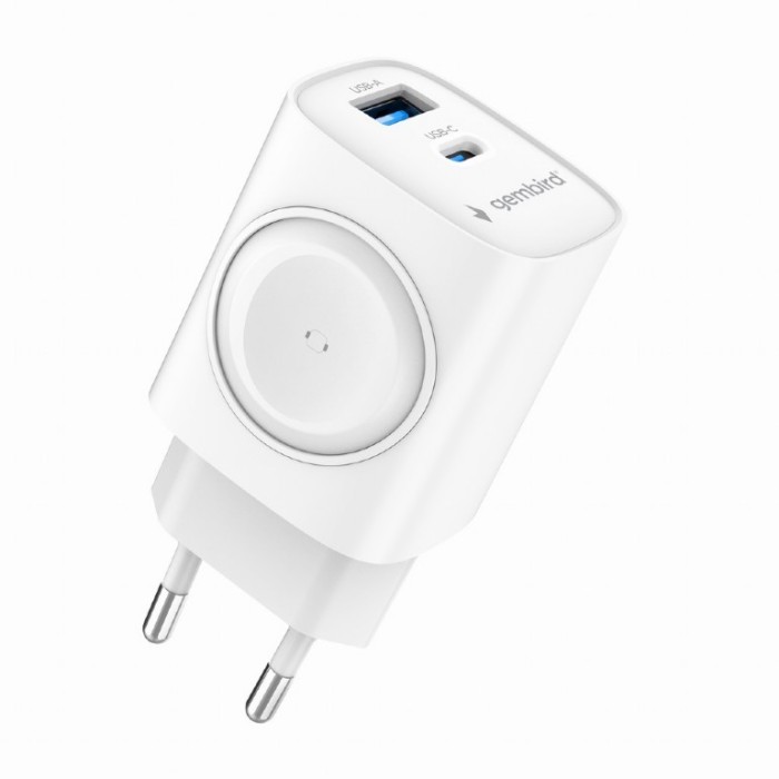 ALIMENTATOR retea 220V GEMBIRD, universal, 1 x USB Type-C D 22W, 1 x USB-A 3.0 QC 18W, Wireless charger, suport Apple Eatch, alb, &quot;TA-UC-PDQCW20-01-W&quot;