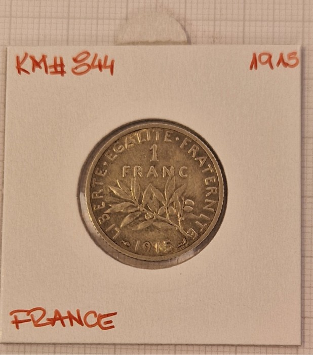 France Franta 1 Franc 1915, KM#844, Argint