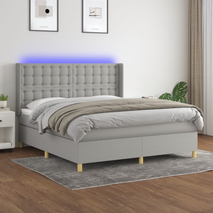vidaXL Pat cu arcuri, saltea și LED, gri deschis, 160x200 cm, textil 3139205