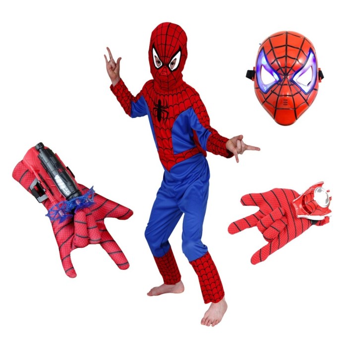 Set costum Spiderman, doua lansatoare si masca plastic LED, rosu, 120-130 cm, 7-9 ani