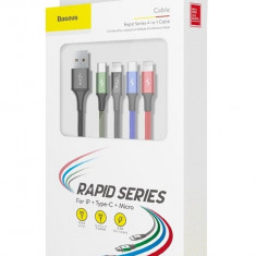 Cablu Baseus USB 4 In 1, 2 x Lightning / USB Tip C / Micro USB, Impletit Nailon 3,5A 1,2m Negru CA1T4-A01