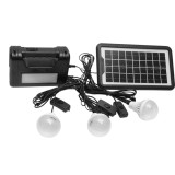 Kit iluminat portabil LED GD-8017COB cu 3 becuri 90 LM, proiector 150 LM, panou solar monocristalin 2W 5V, baterie 6V 3Ah Plumb Acid, USB 5V, cablu
