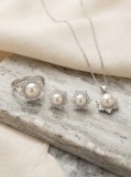 Cumpara ieftin Set Bijuterii din Argint 925 , zAurora, , Colier, Inel E i Cercei cu Perla de Cultura E i Mozaic Zirconiu Sunburst