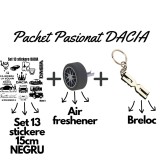 Set Cadou Pasionati Dacia , 13 Stickere Personalizate, Breloc 3D si Air Freshener Roata 3D